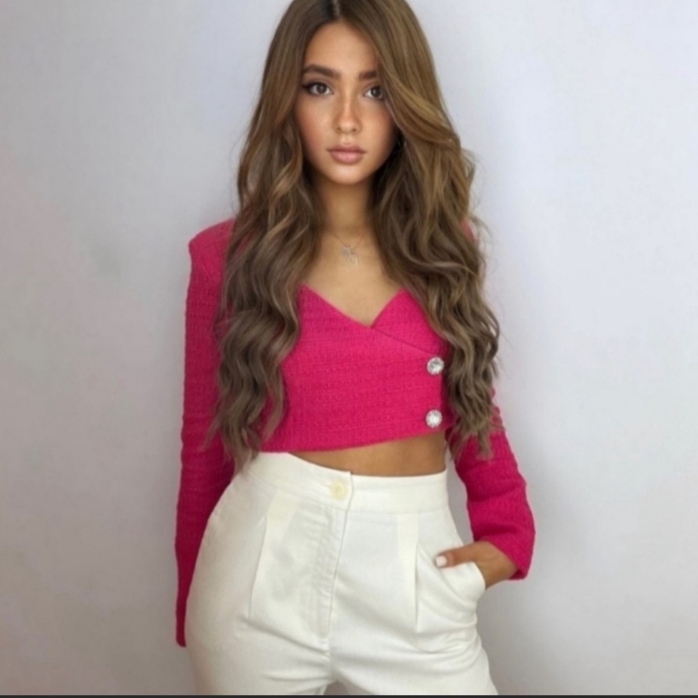 Zara fushia textured jewel button cropped jacket,S, new.